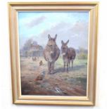 J. G. Mace (British 20C), Portrait of two donkeys in a field with a clutch of chickens nearby. Oil