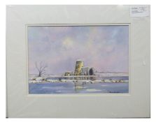 Frank Halliday (British 20C), A set of Norfolk landscapes in winter, including St Benet's Abbey in