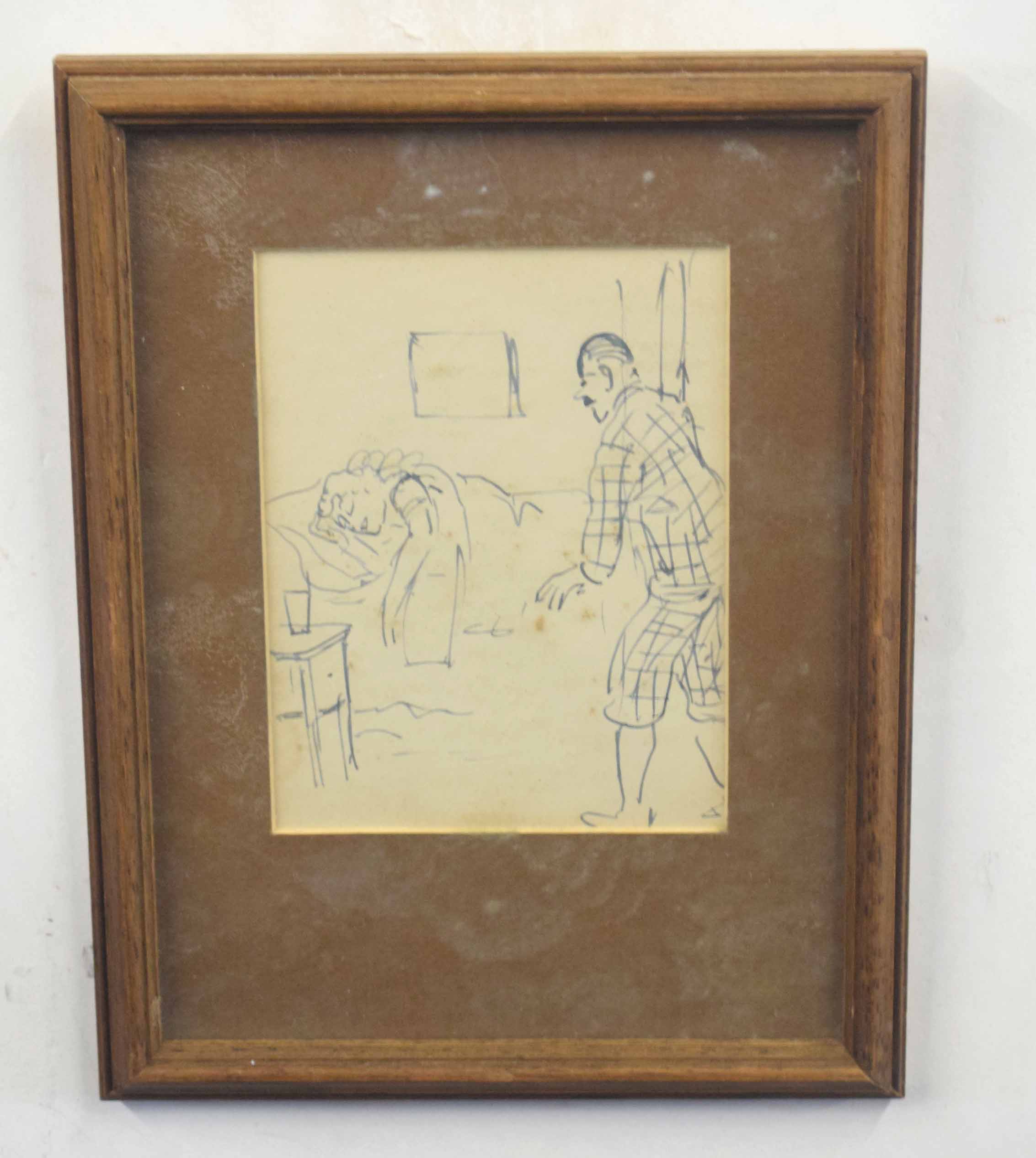 HERBERT CUTNER (British, 20th century), A cartoon of a man and a woman in a bedroom, ink on paper.