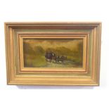 A stagecoach and horses along a turnpike, oil on canvas, indistinctly signed, 3 x 7ins