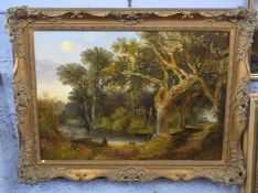 British, 19th century, An expansive woodland scene with figure resting on felled timber, oil on