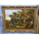 British, 19th century, An expansive woodland scene with figure resting on felled timber, oil on