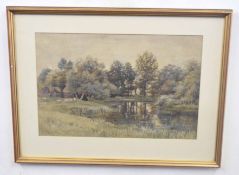 British, 20th century, A rural landscape with farm buildings overlooking a river, watercolour,