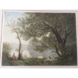 A pastoral landscape with mother and daughter by a tree. Coloured lithograph, indistinctly signed in