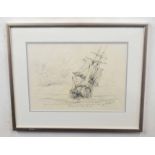 Kenneth Grant (British C20), A sketch of the trading brig the 'Countess of Leicester' . Pencil on