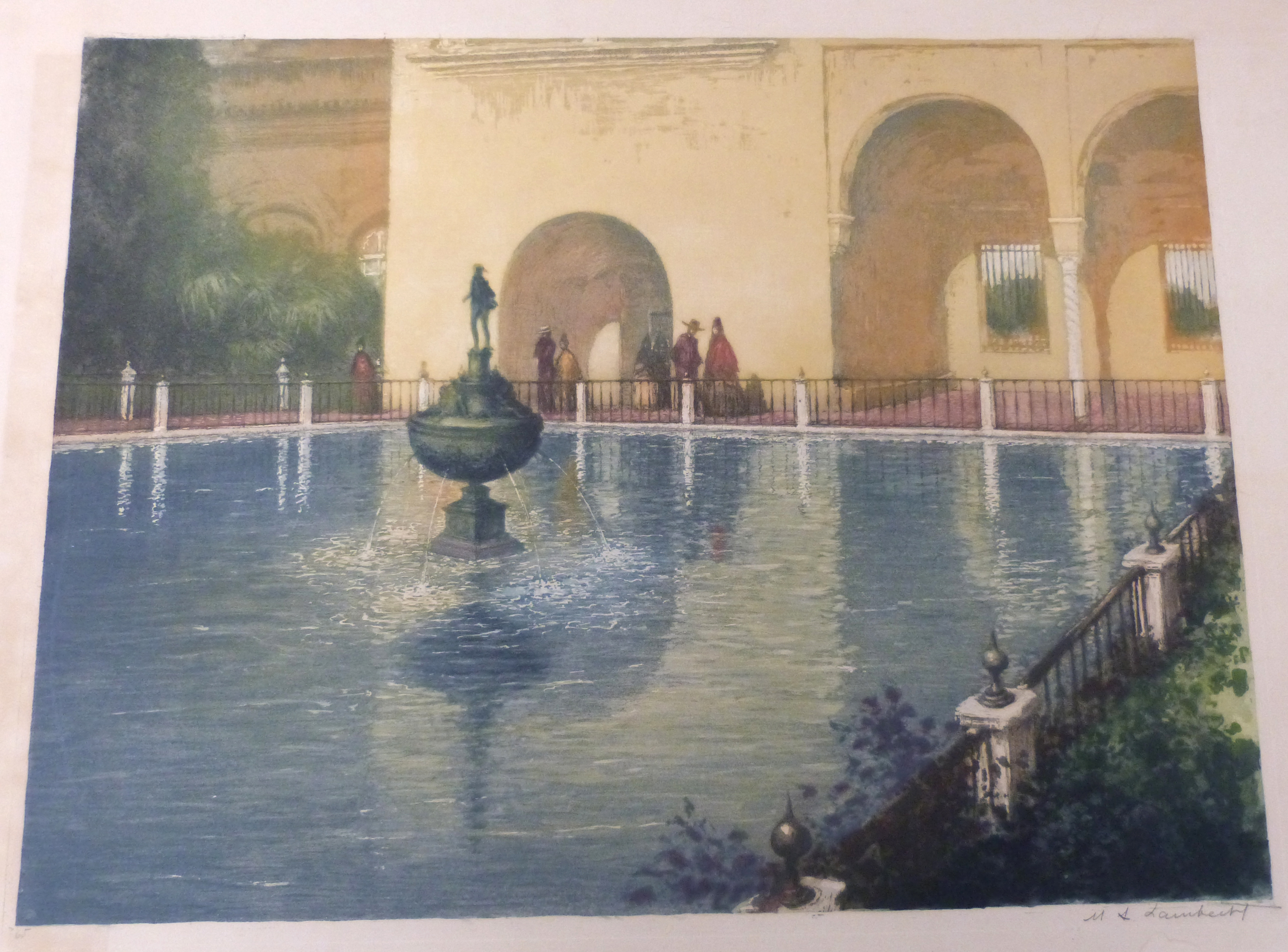 An early 20C Continental scene with figures next to a pool and fountain . Coloured lithograph, - Image 2 of 2