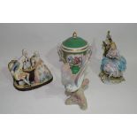 Group of ceramic figures including bird model and Continental porcelain vase and cover decorated