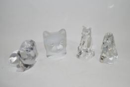 Group of glass paperweights including a Nybro Sweden paperweight of a cat's head, further Royal