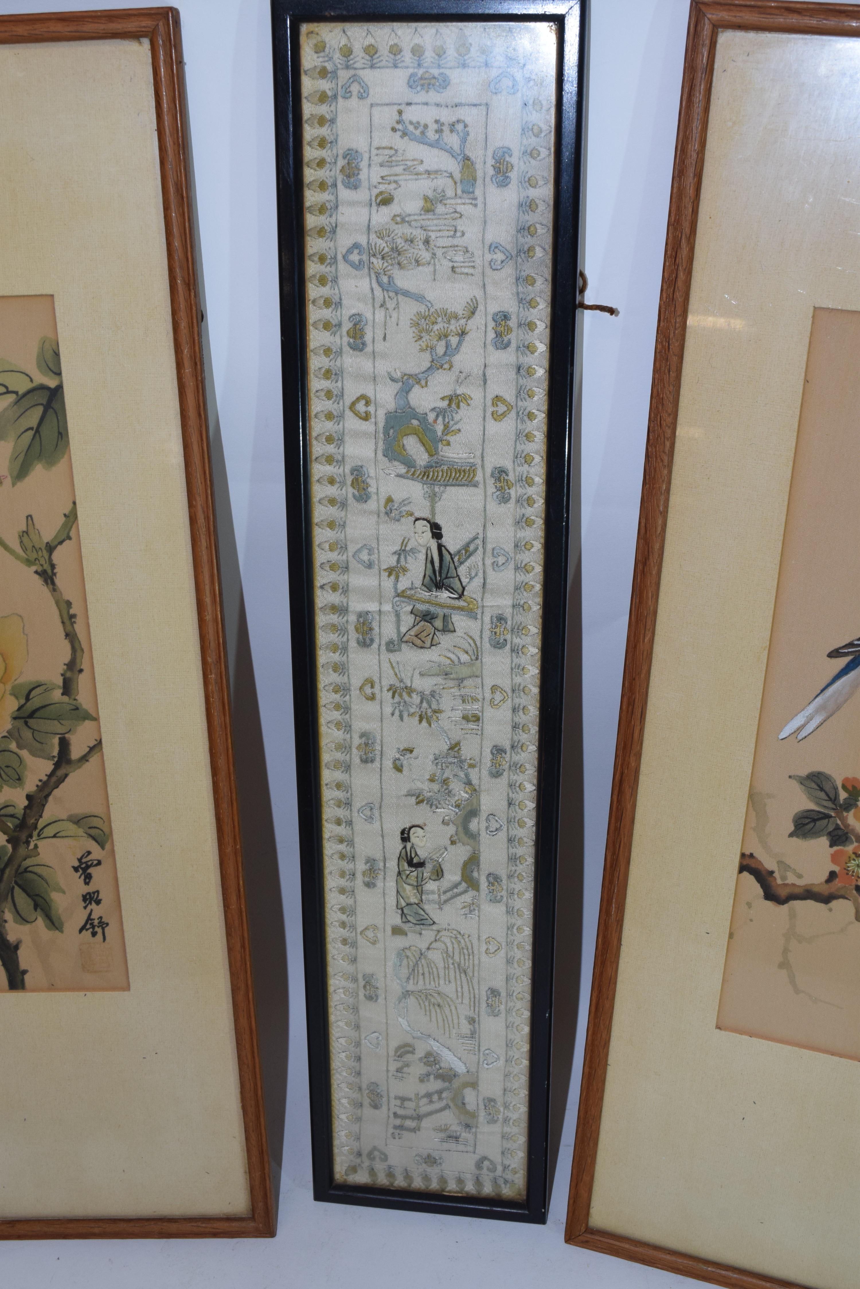 Piece of Chinese embroidery in black wooden frame together with two paintings on silk with - Image 2 of 2