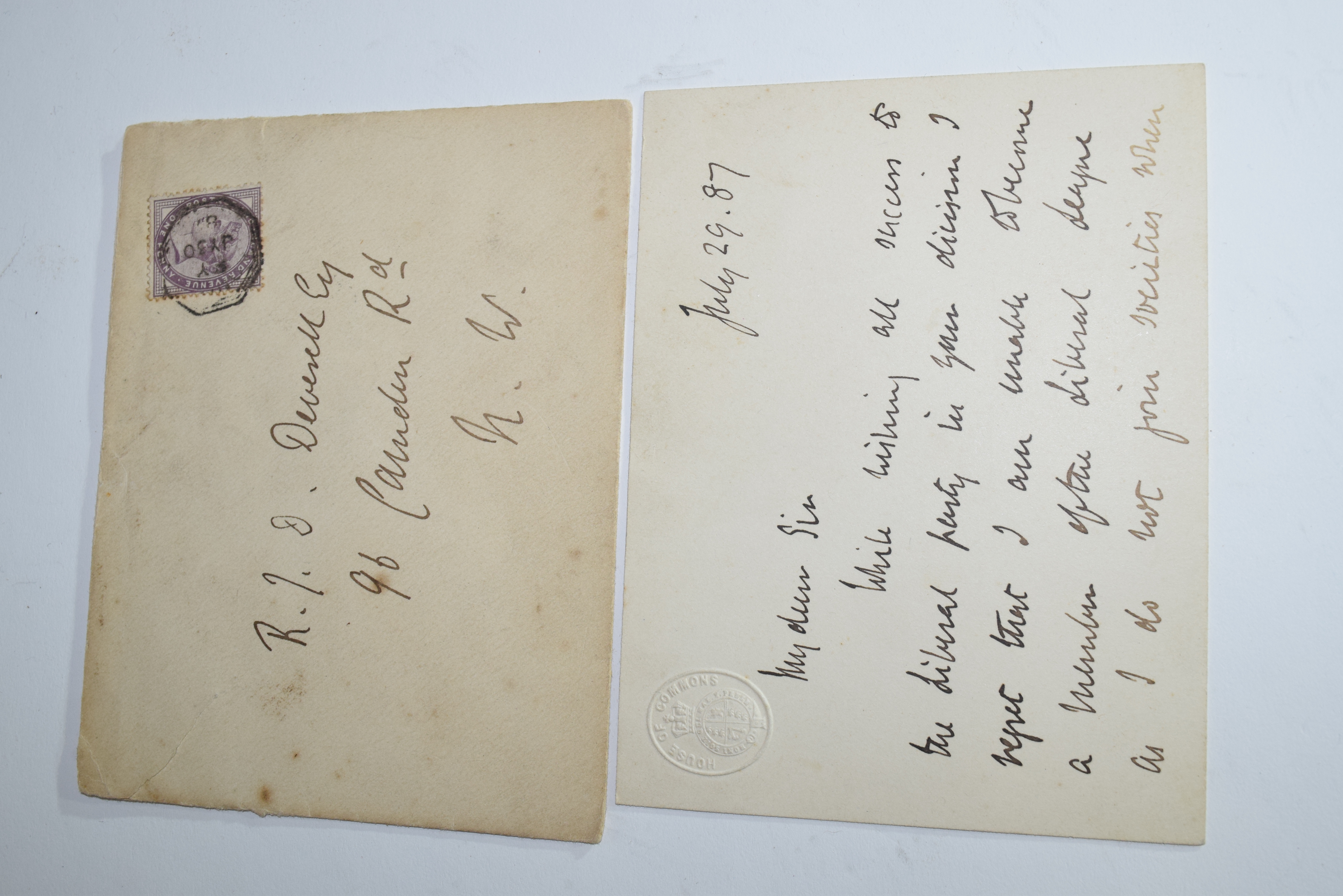 Letter on House of Commons paper signed by Gladstone dated July 1887 together with original - Image 2 of 3