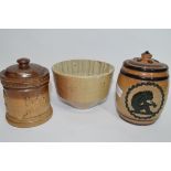 Quantity of salt glaze items including a Doulton Lambeth tobacco jar decorated with a monkey in