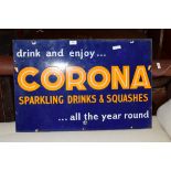 Vintage enamel advertising sign 'Corona sparkling drinks and squashes', 76cm wide