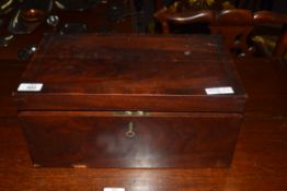 19th century mahogany writing box of typical rectangular form fitted with brass carry handles,