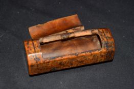 19th century burr wood snuff box of octagonal form with removable lid (hinge defective), 8cm long