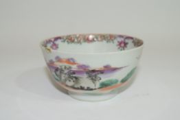 Small Chinese bowl, 18th century, with polychrome design of horses in a landscape, 9cm diam (rim