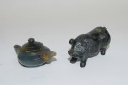 Small boxed miniature jadeite tea pot and further small model of a pig (2)