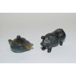 Small boxed miniature jadeite tea pot and further small model of a pig (2)