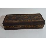 Small Victorian Tonbridge ware box, the lid decorated with central floral panel and geometric