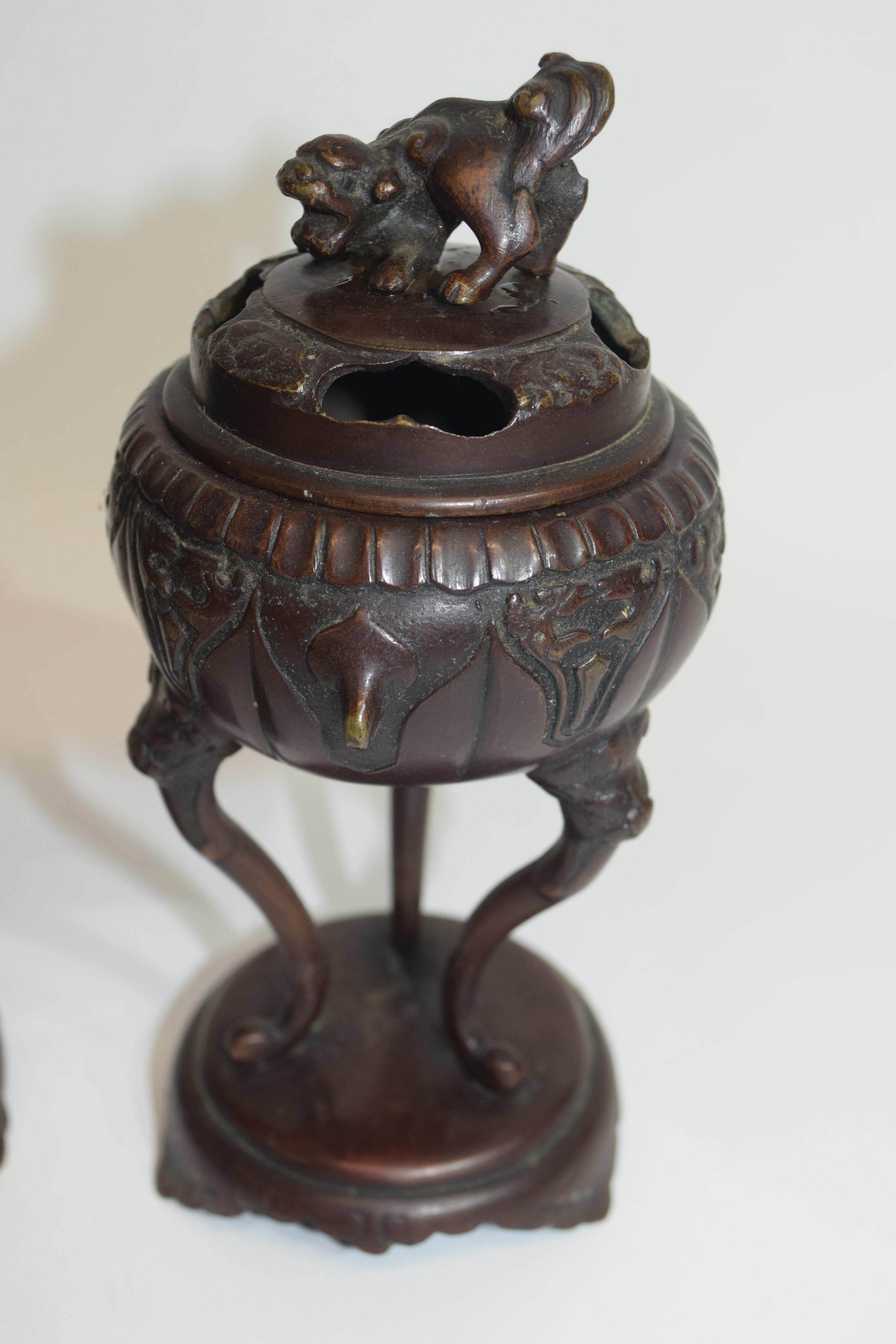 Pair of Oriental censers on oval stands, the censers raised on three elongated feet, the covers with - Image 2 of 2