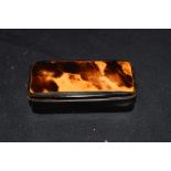Small 19th century tortoiseshell mounted horn snuff box of hinged rectangular form, 6.5cm wide
