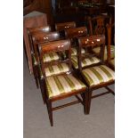 Set of six 19th century mahogany bar back dining chairs with striped upholstered seats, tapering