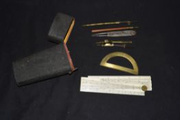 Shagreen cased composite set of technical drawing instruments to include folding ivory ruler,