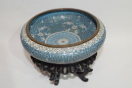 Chinese cloisonne bowl, the blue ground with geometric white floral design, 20cm diam