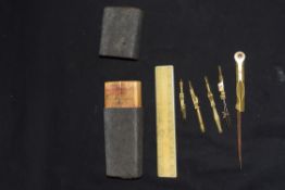 19th century shagreen cased drawing set with ruler marked "Watson & Sons Ltd, High Holborn, London"