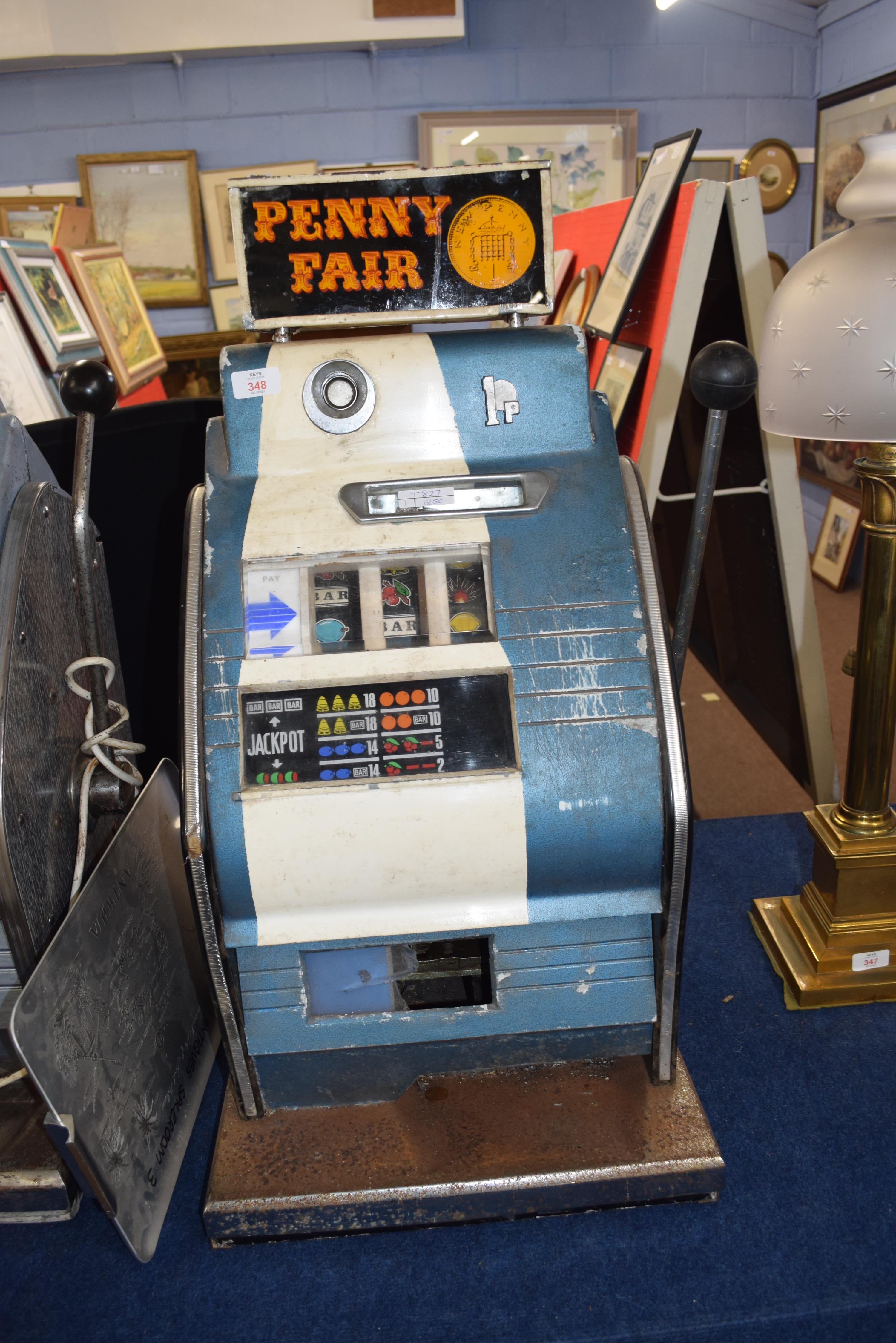 Vintage penny fair one armed bandit fruit machine, 79cm high