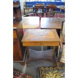 19th century Continental metamorphic desk or work table, the inlaid sliding top opening to reveal