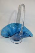 Large glass basket with blue glass bowl and clear air twist effect glass handle