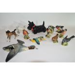 Group of ceramic figures of birds and animals including a Beswick Scottie dog