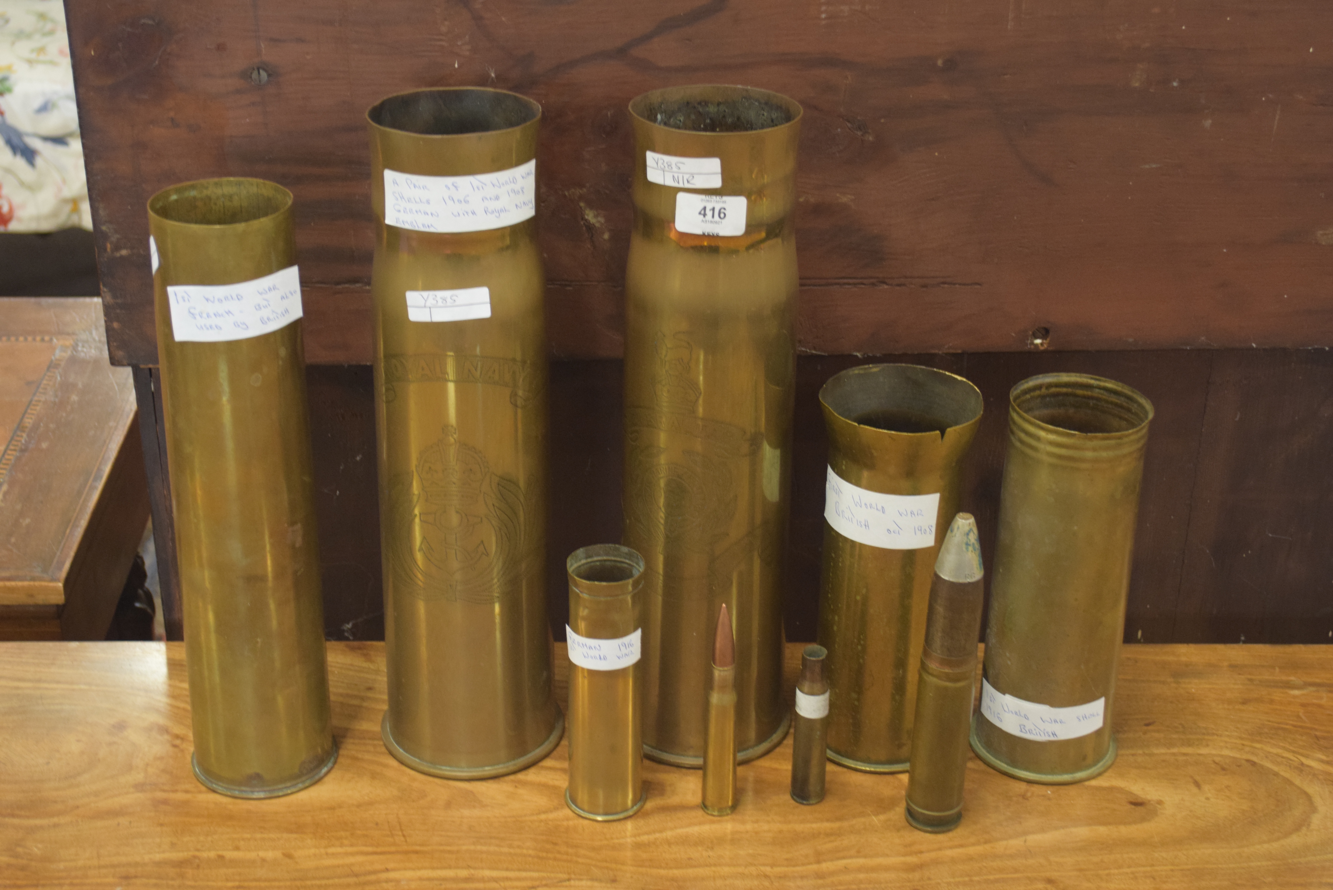 Collection of various trench art and other WWI brass shells to include example marked with Royal