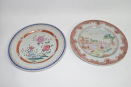Two Chinese porcelain plates, one with European style decoration, the other with flowers (2)