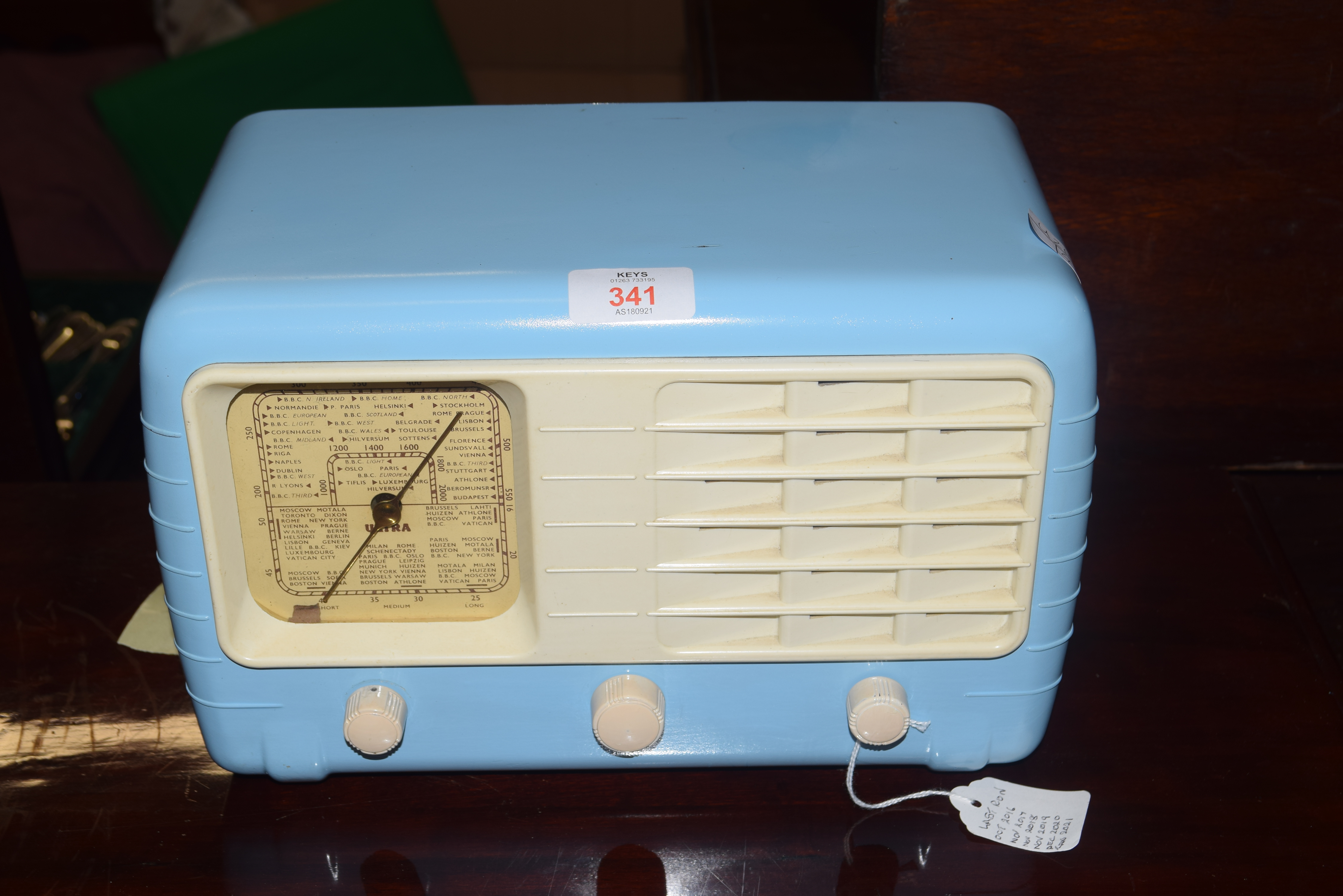 Vintage Ultra T401 radio in light blue Bakelite case