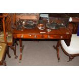 19th century sofa table with cross banded decoration, width folded approx 93cm