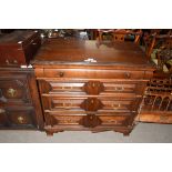 17th century and later oak chest of four drawers, decorated with mitred detail and set with panelled