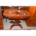 19th century mahogany pedestal tea or card table raised on a four-footed base, 96cm wide