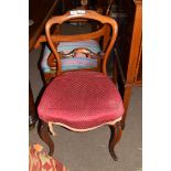 Single Victorian rosewood framed cabriole legged dining chair with upholstered seat
