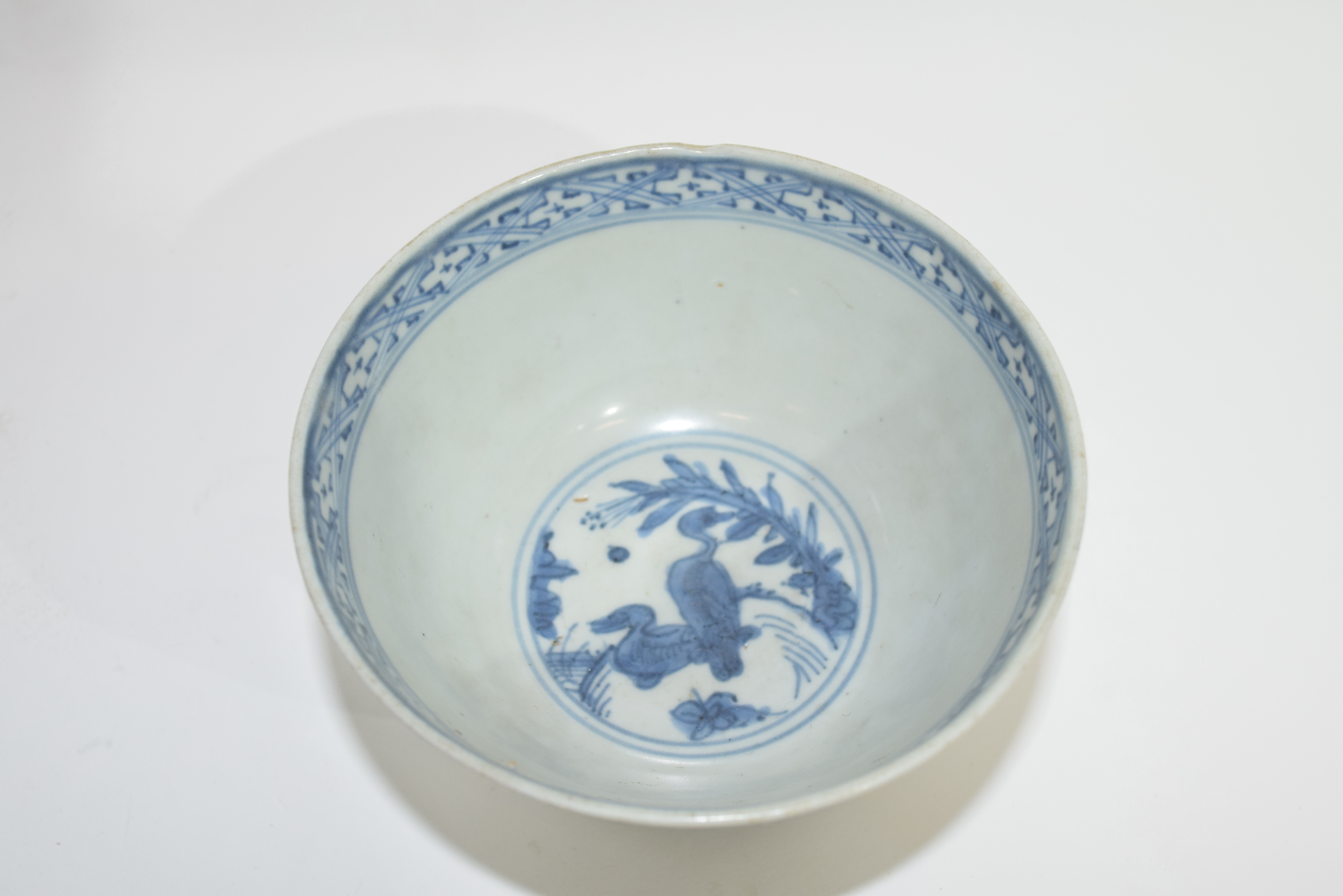 Small Chinese porcelain bowl, possibly Ming dynasty, the interior decorated with two ducks amongst - Image 3 of 3