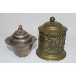 Small Indian silver metal coloured bowl and cover with a chased design of dragons, together with a