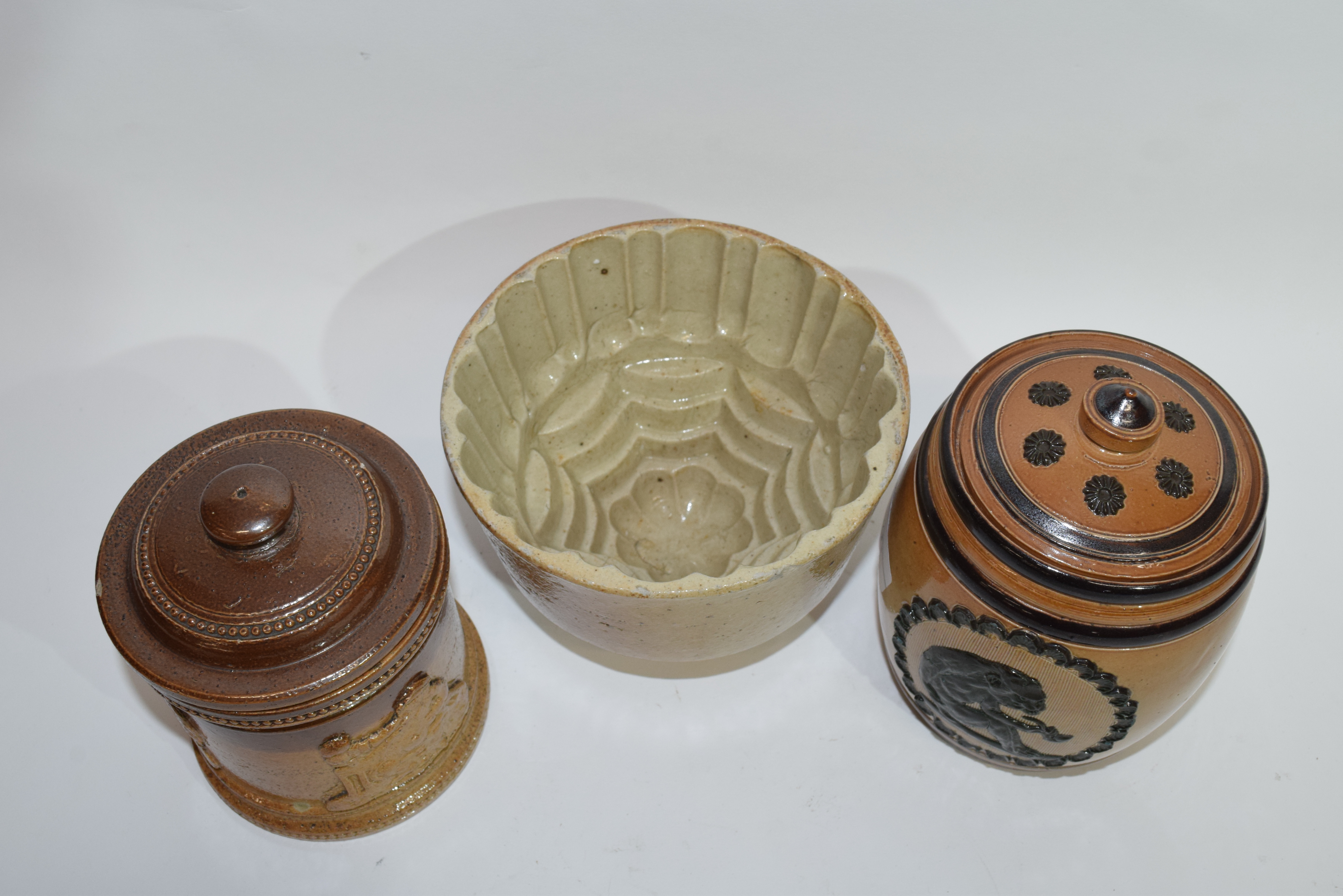 Quantity of salt glaze items including a Doulton Lambeth tobacco jar decorated with a monkey in - Image 2 of 2