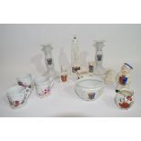 Group of crested wares, small jar for Great Yarmouth, pair of candlesticks also for Great