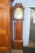 Feltham Harleston, 19th century longcase clock with painted arched dial with shell spandrels and