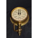 Duplex pressure gauge in circular brass case measuring pounds per square inch and kilograms per