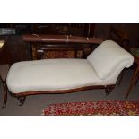 Victorian chaise longue, mahogany frame raised on short carved legs with casters, approx 160cm long