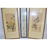 Piece of Chinese embroidery in black wooden frame together with two paintings on silk with