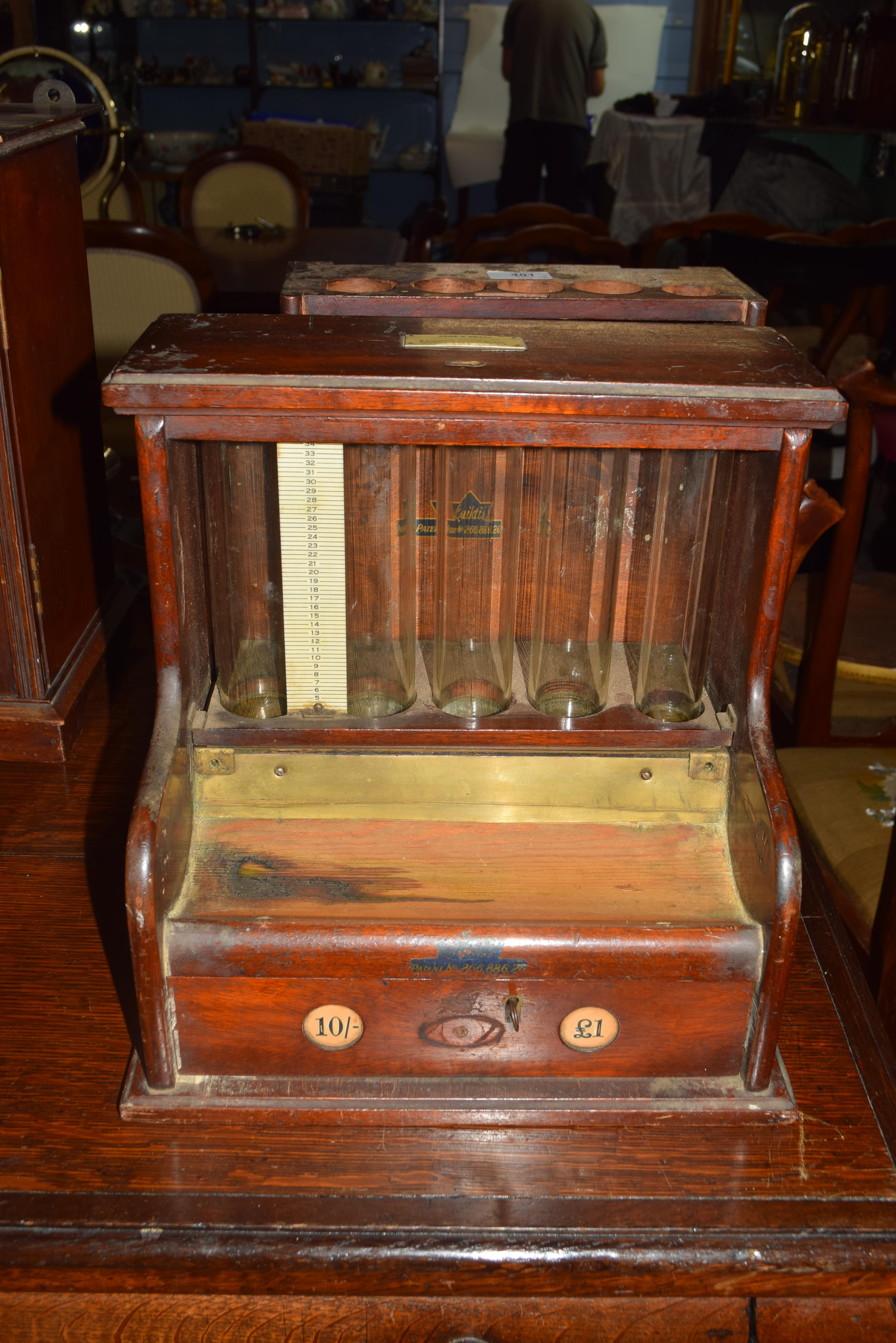 Two antique mahogany framed shop tills, one bearing trade label for Page & Pratt, Ludgate Circus