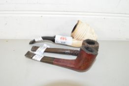 VINTAGE MEERSCHAUM PIPE FORMED AS A TURKS HEAD TOGETHER WITH TWO OTHERS