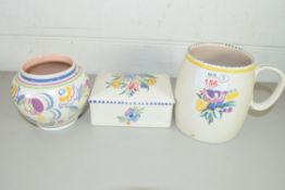 POOLE POTTERY ITEMS COMPRISING SMALL VASE, TRINKET BOX AND A TANKARD